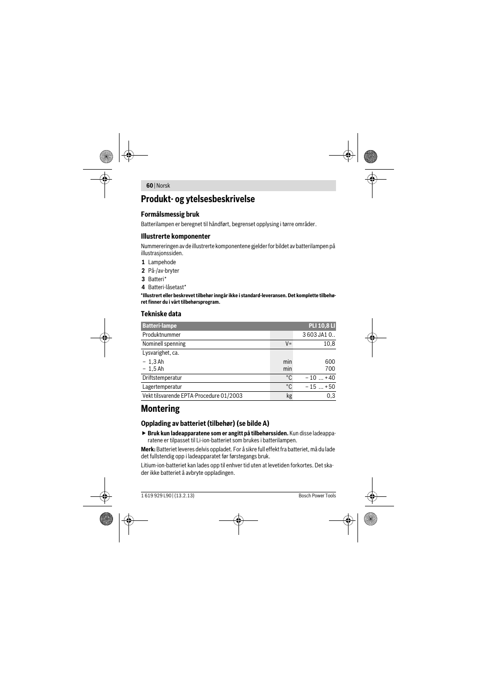 Produkt- og ytelsesbeskrivelse, Montering | Bosch PLI 10,8 LI User Manual | Page 60 / 179