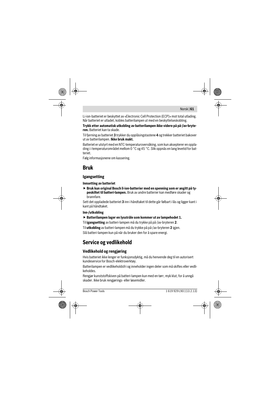 Bruk, Service og vedlikehold | Bosch PLI 10,8 LI User Manual | Page 61 / 179