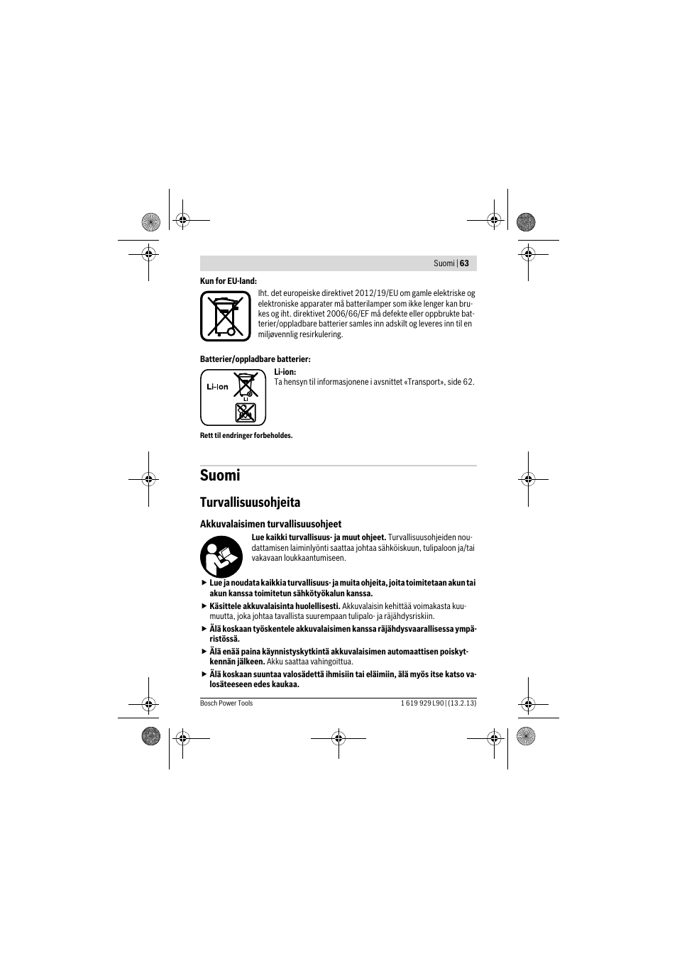 Suomi, Turvallisuusohjeita | Bosch PLI 10,8 LI User Manual | Page 63 / 179