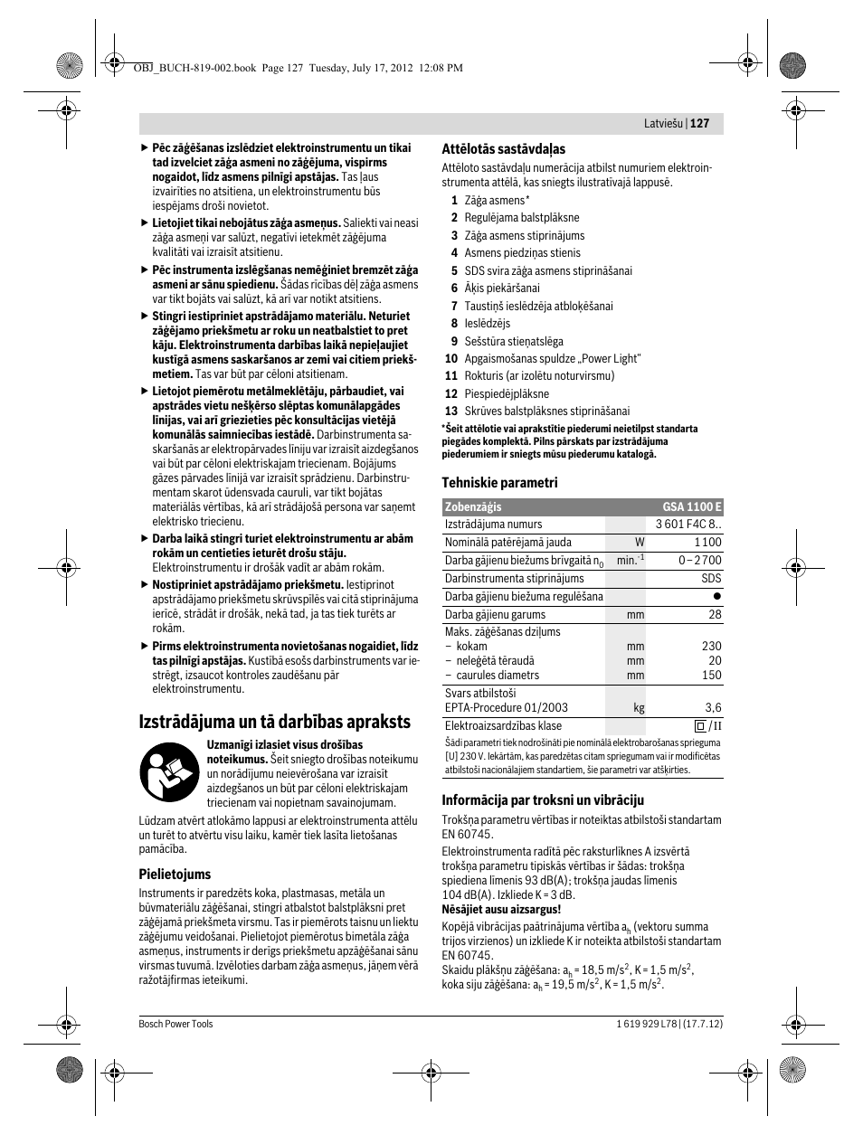 Izstrādājuma un tā darbības apraksts | Bosch GSA 1100 E Professional User Manual | Page 127 / 144
