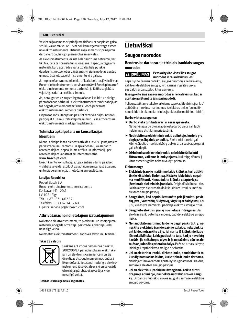 Lietuviškai, Saugos nuorodos | Bosch GSA 1100 E Professional User Manual | Page 130 / 144