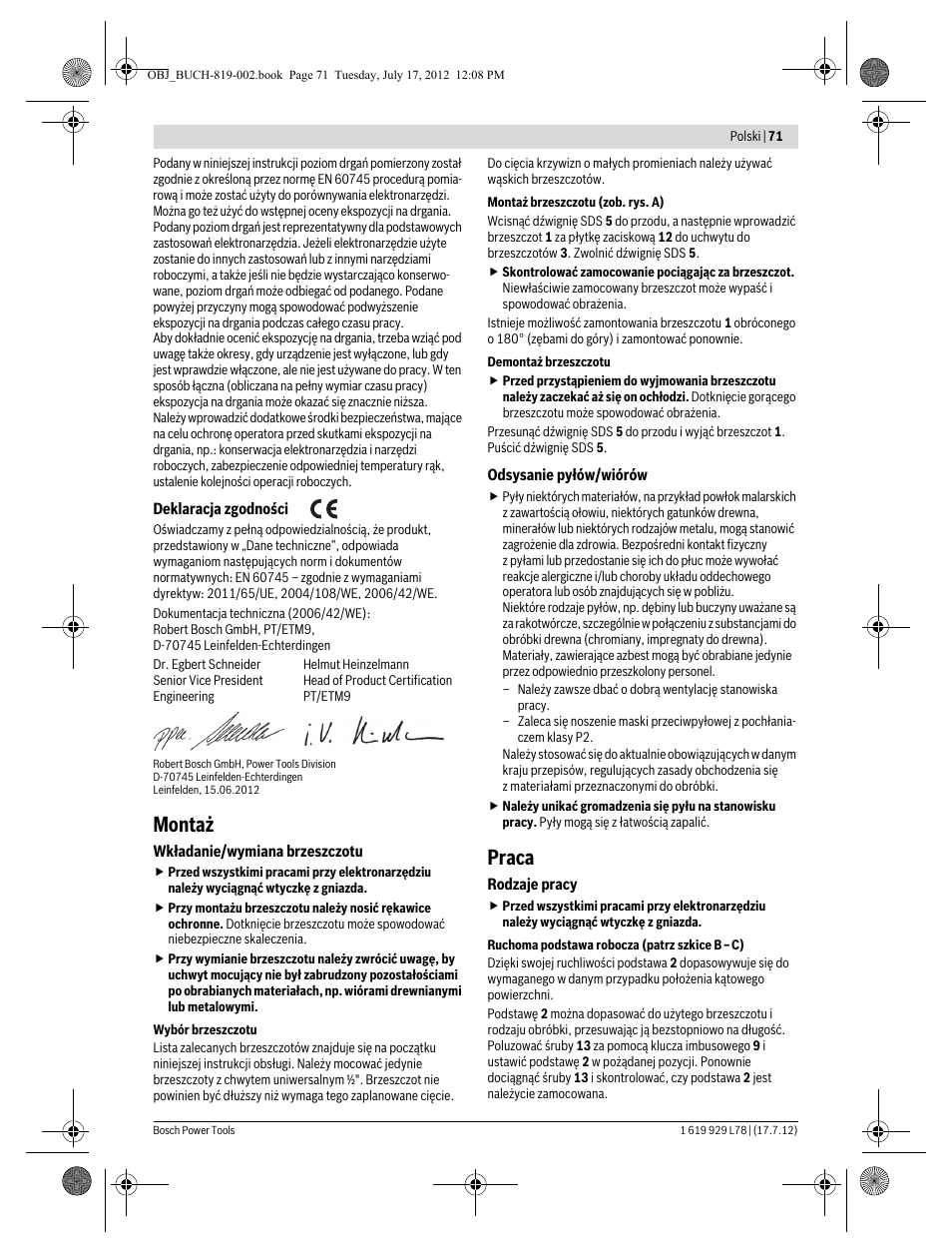 Montaż, Praca | Bosch GSA 1100 E Professional User Manual | Page 71 / 144