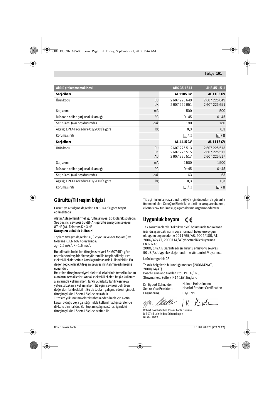 Gürültü/titreşim bilgisi, Uygunluk beyanı | Bosch AHS 45-15 LI User Manual | Page 101 / 236