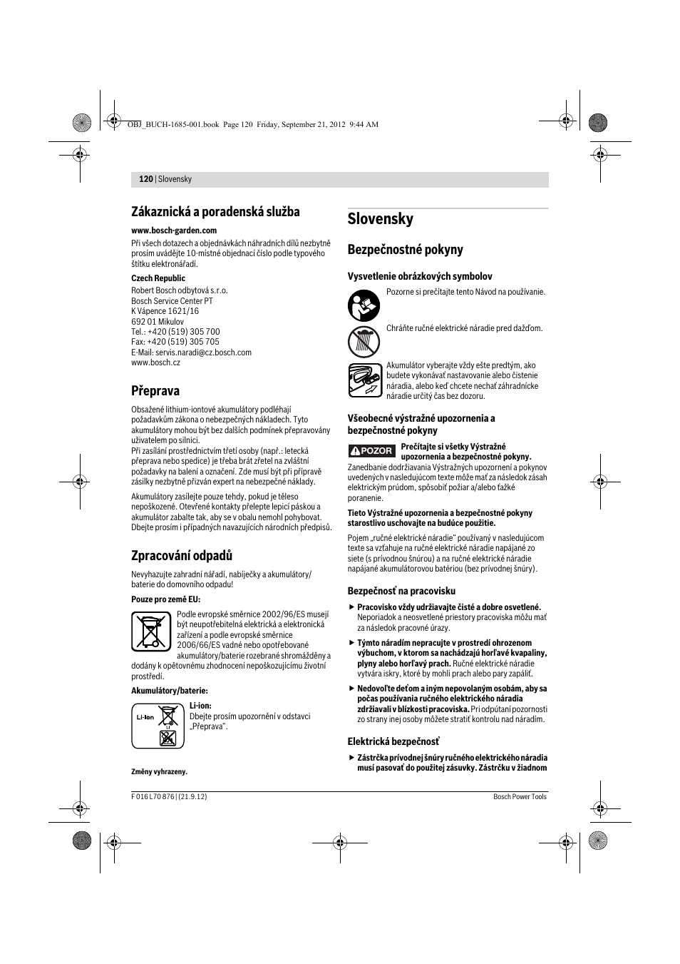 Slovensky, Zákaznická a poradenská služba, Přeprava | Zpracování odpadů, Bezpečnostné pokyny | Bosch AHS 45-15 LI User Manual | Page 120 / 236