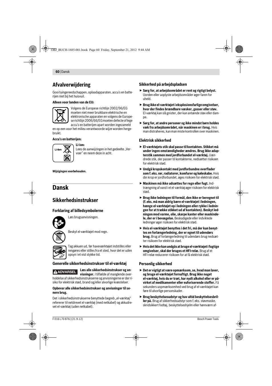 Dansk, Afvalverwijdering, Sikkerhedsinstrukser | Bosch AHS 45-15 LI User Manual | Page 60 / 236