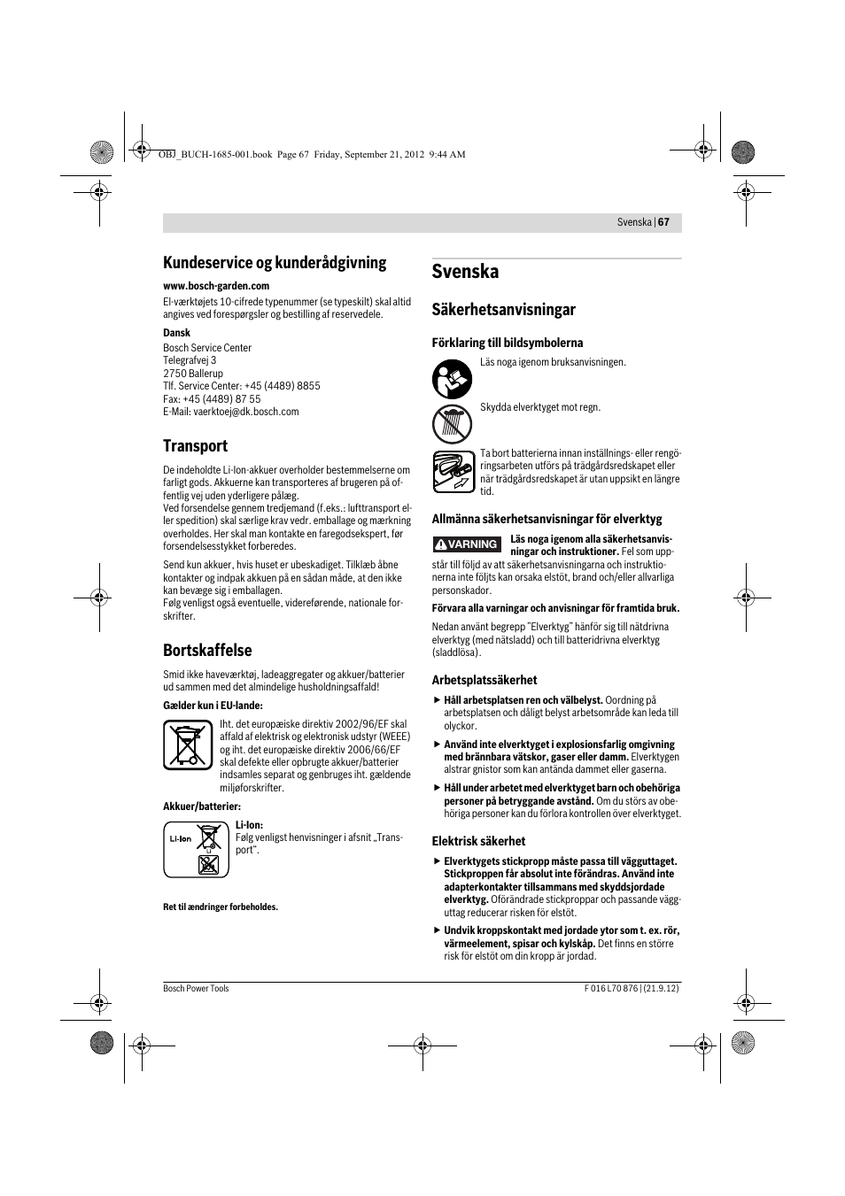Svenska, Kundeservice og kunderådgivning, Transport | Bortskaffelse, Säkerhetsanvisningar | Bosch AHS 45-15 LI User Manual | Page 67 / 236