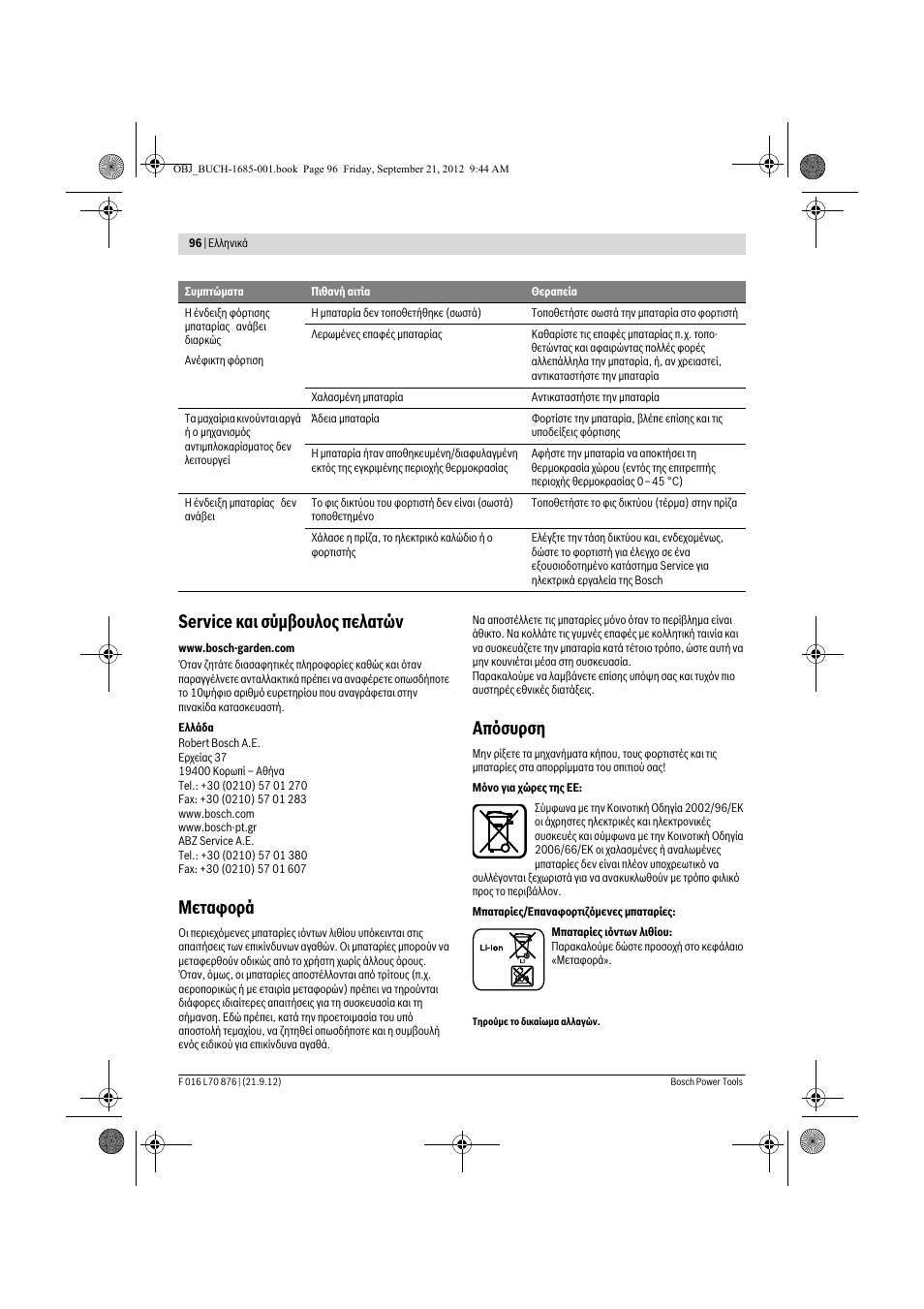 Service και σύμβουλος πελατών, Μεταφορά, Απόσυρση | Bosch AHS 45-15 LI User Manual | Page 96 / 236