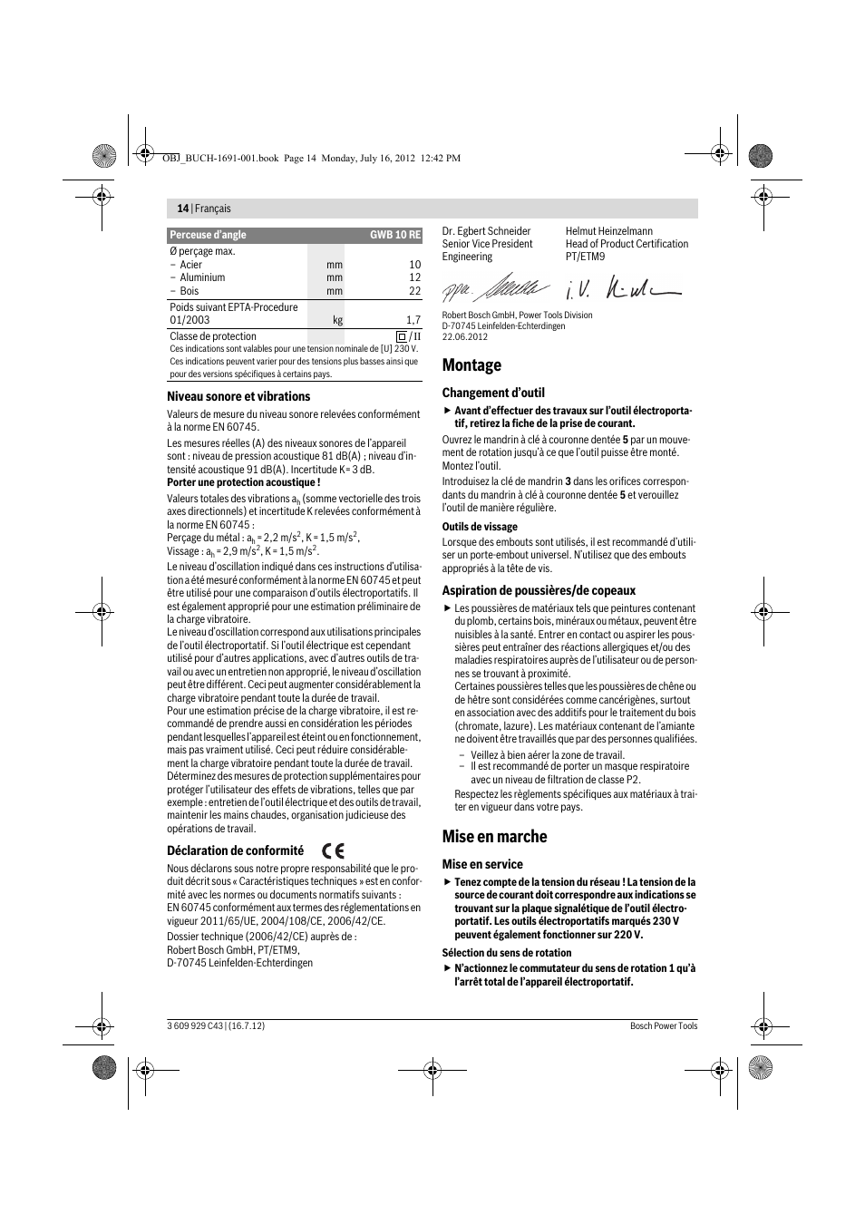 Montage, Mise en marche | Bosch GWB 10 RE Professional User Manual | Page 14 / 116