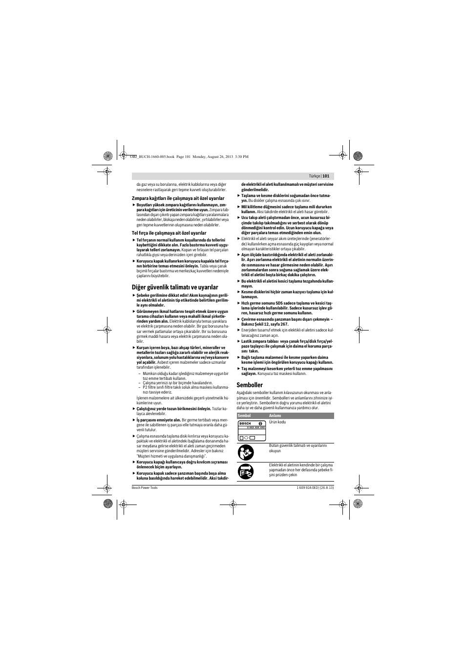 Diğer güvenlik talimatı ve uyarılar, Semboller | Bosch GWS 15-125 CIEP Professional User Manual | Page 101 / 271