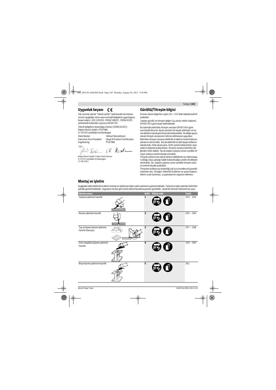Uygunluk beyanı, Gürültü/titreşim bilgisi, Montaj ve işletim | Bosch GWS 15-125 CIEP Professional User Manual | Page 103 / 271