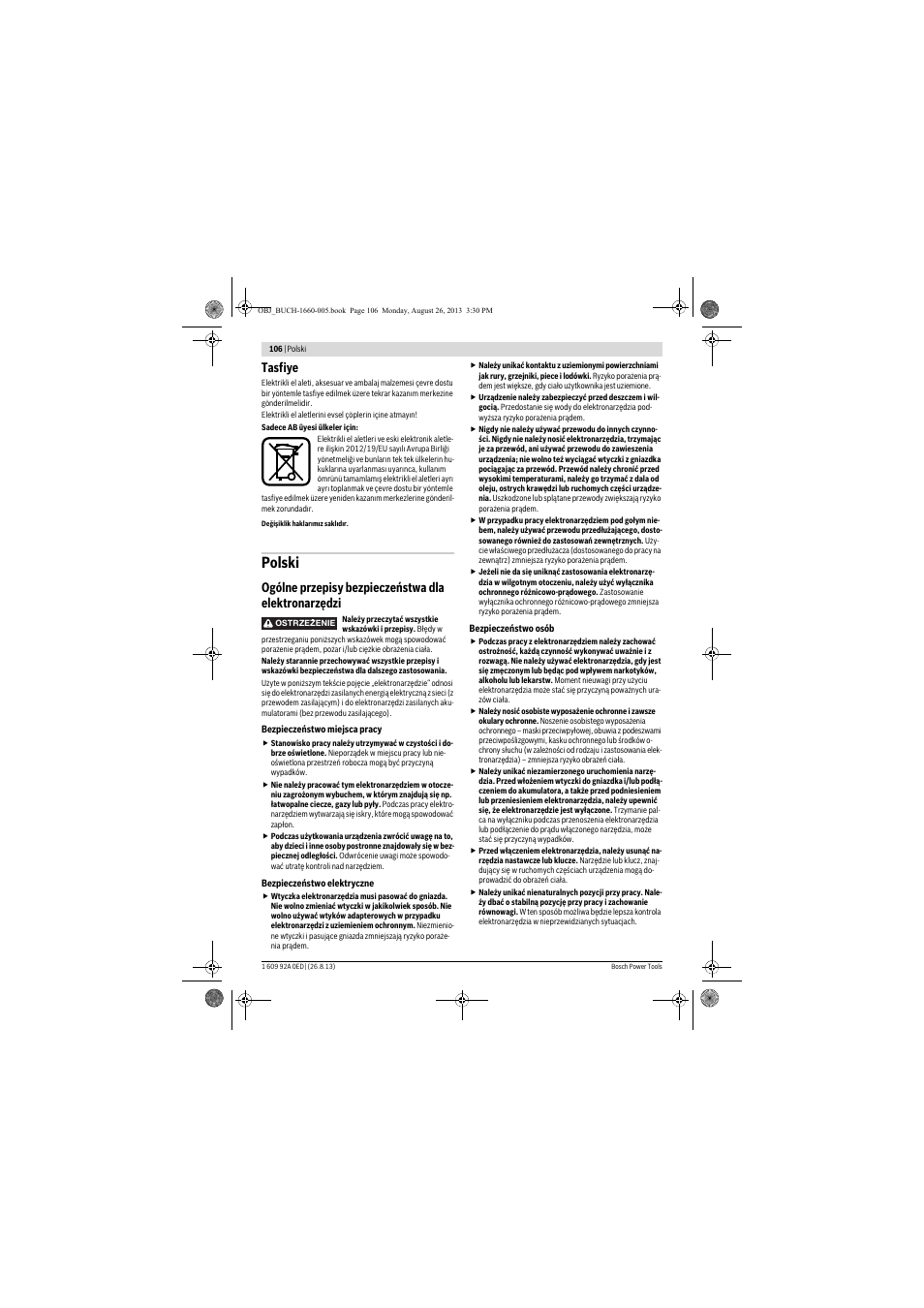 Polski, Tasfiye, Ogólne przepisy bezpieczeństwa dla elektronarzędzi | Bosch GWS 15-125 CIEP Professional User Manual | Page 106 / 271