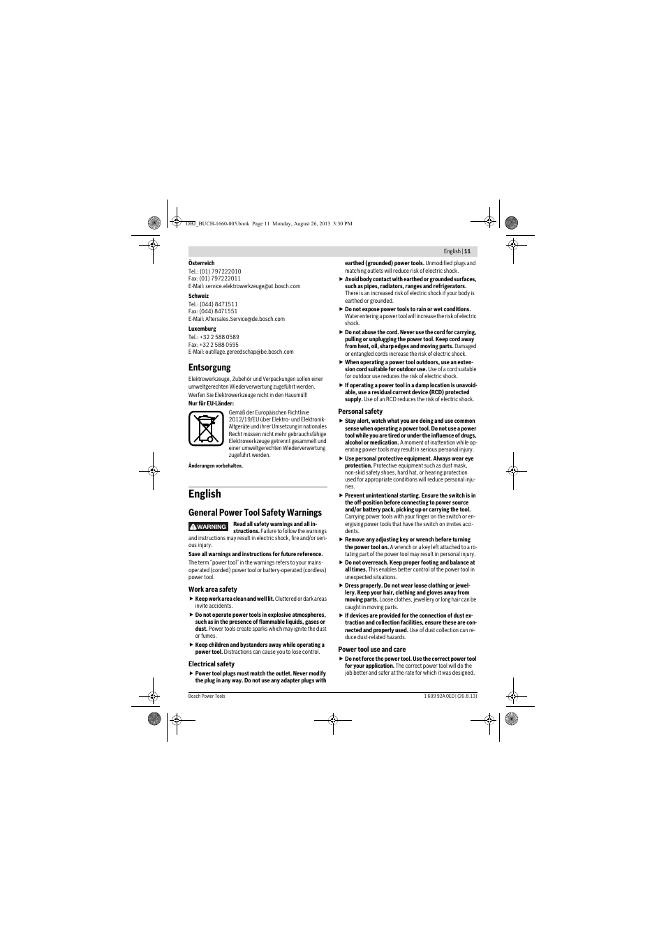 English, Entsorgung, General power tool safety warnings | Bosch GWS 15-125 CIEP Professional User Manual | Page 11 / 271