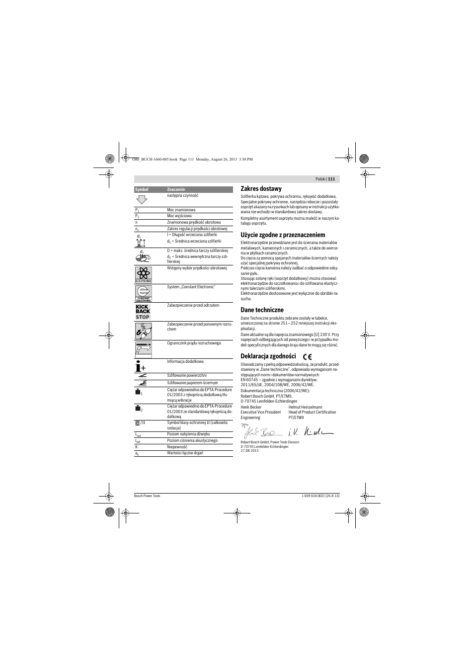 Zakres dostawy, Użycie zgodne z przeznaczeniem, Dane techniczne | Deklaracja zgodności | Bosch GWS 15-125 CIEP Professional User Manual | Page 111 / 271