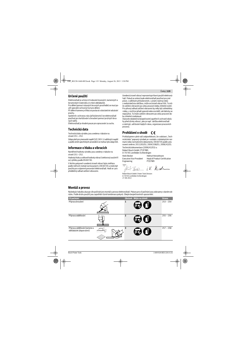 Určené použití, Technická data, Informace o hluku a vibracích | Prohlášení o shodě, Montáž a provoz | Bosch GWS 15-125 CIEP Professional User Manual | Page 119 / 271