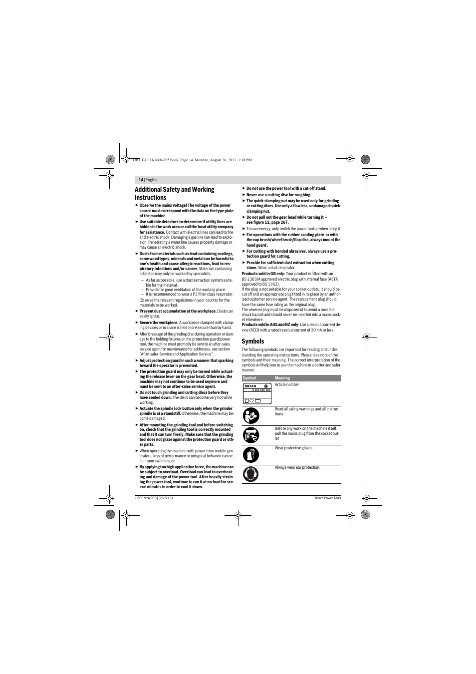 Additional safety and working instructions, Symbols | Bosch GWS 15-125 CIEP Professional User Manual | Page 14 / 271