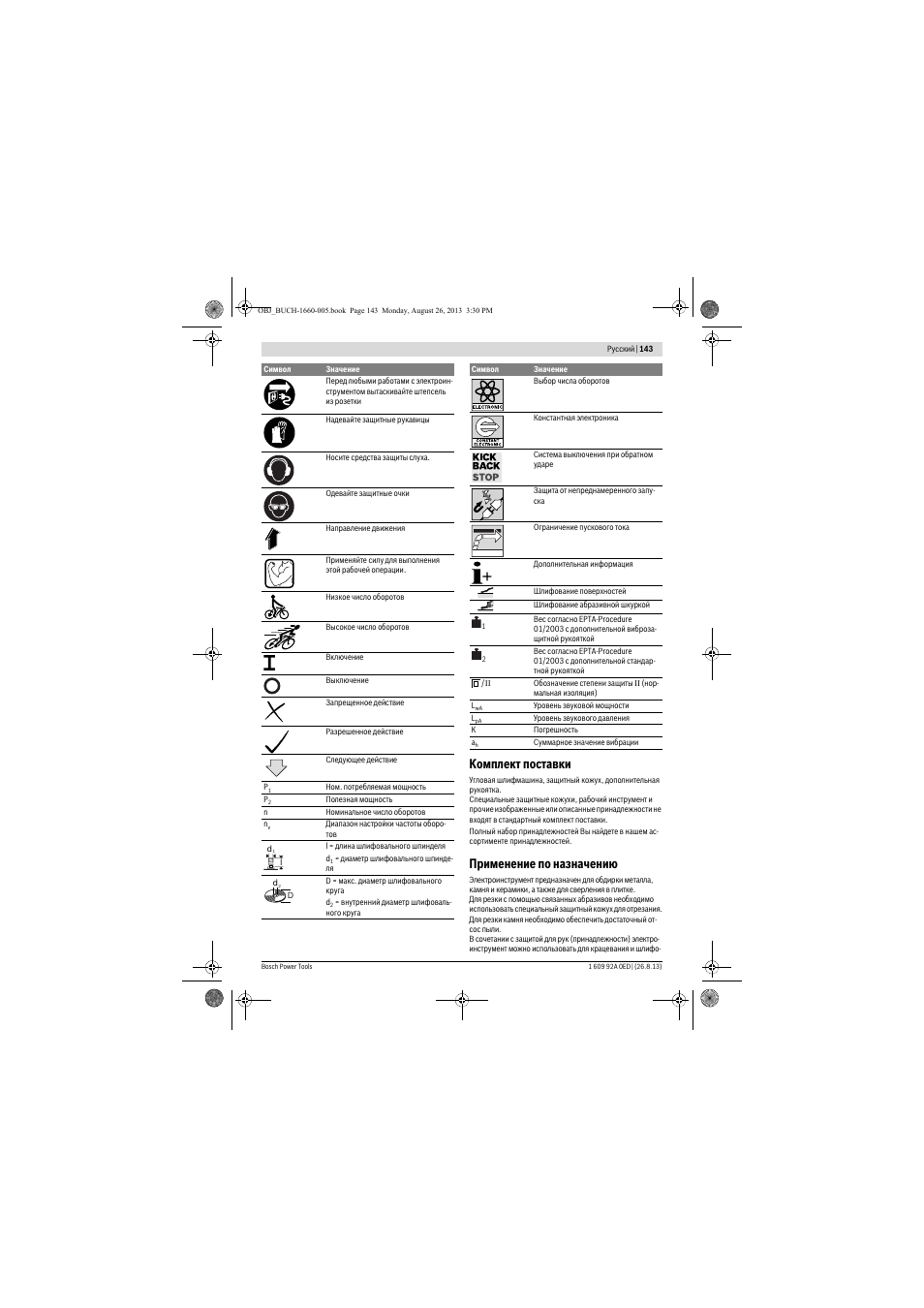 Комплект поставки, Применение по назначению | Bosch GWS 15-125 CIEP Professional User Manual | Page 143 / 271