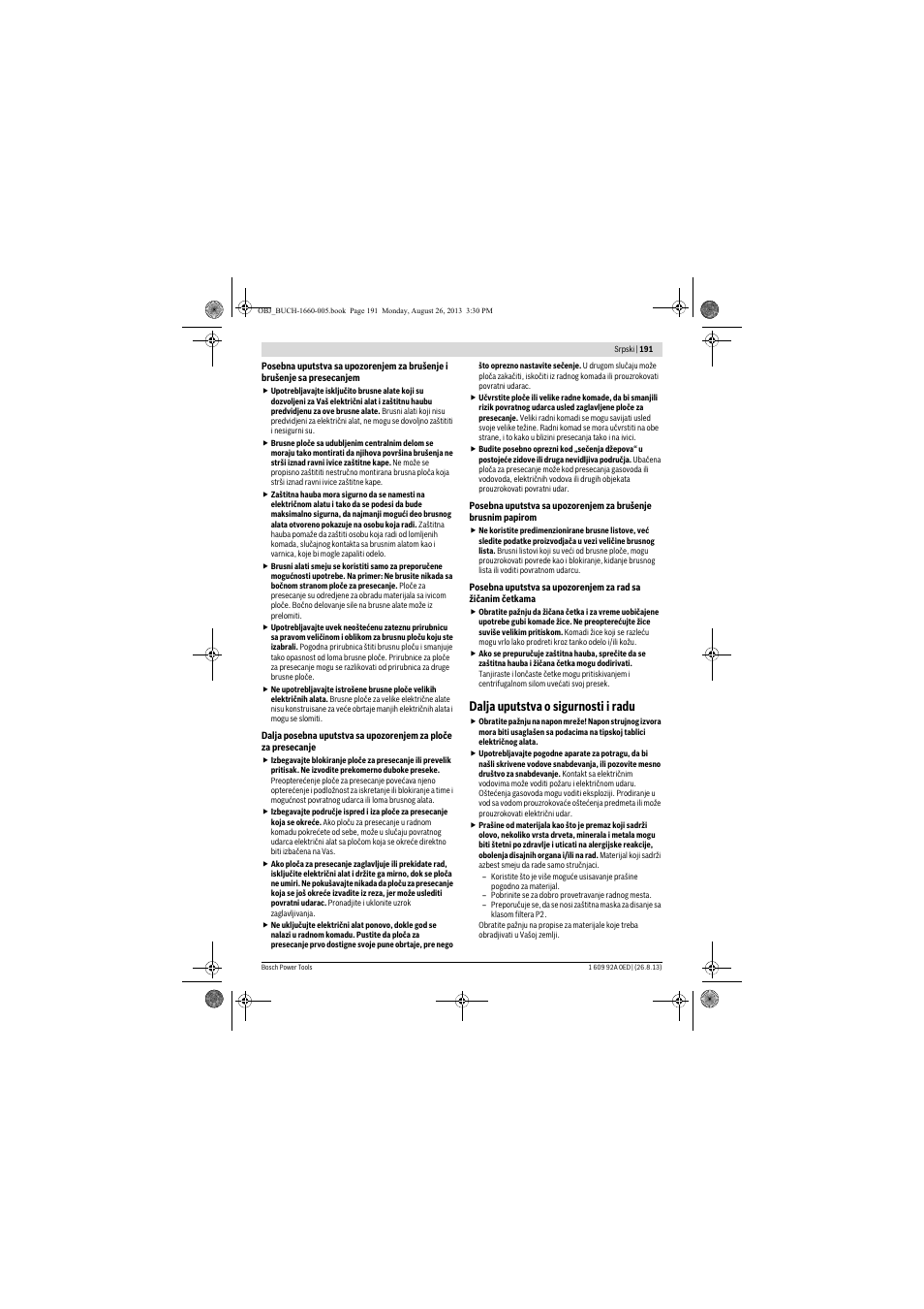 Dalja uputstva o sigurnosti i radu | Bosch GWS 15-125 CIEP Professional User Manual | Page 191 / 271