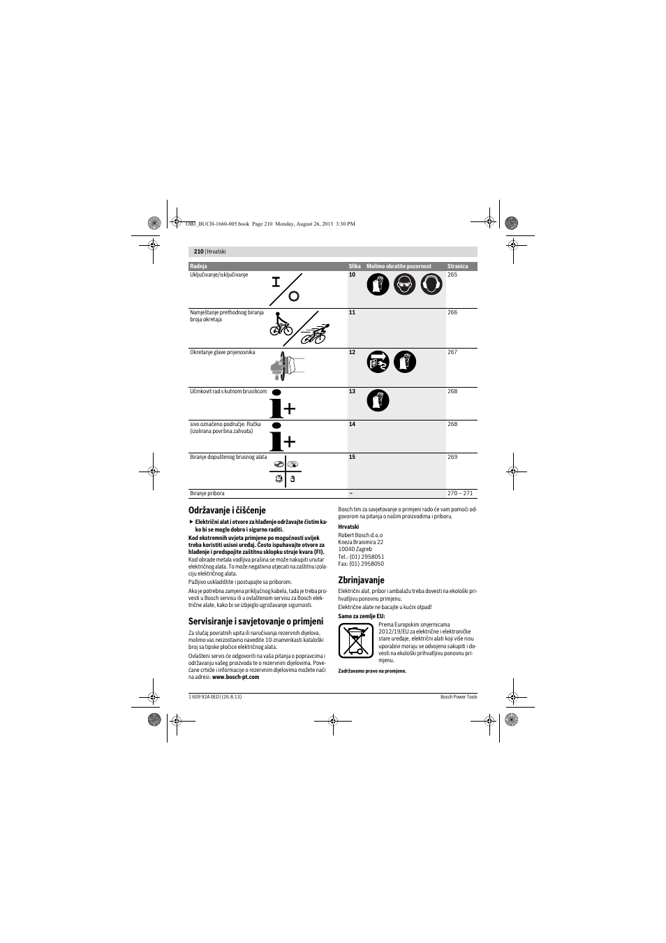 Održavanje i čišćenje, Servisiranje i savjetovanje o primjeni, Zbrinjavanje | Bosch GWS 15-125 CIEP Professional User Manual | Page 210 / 271