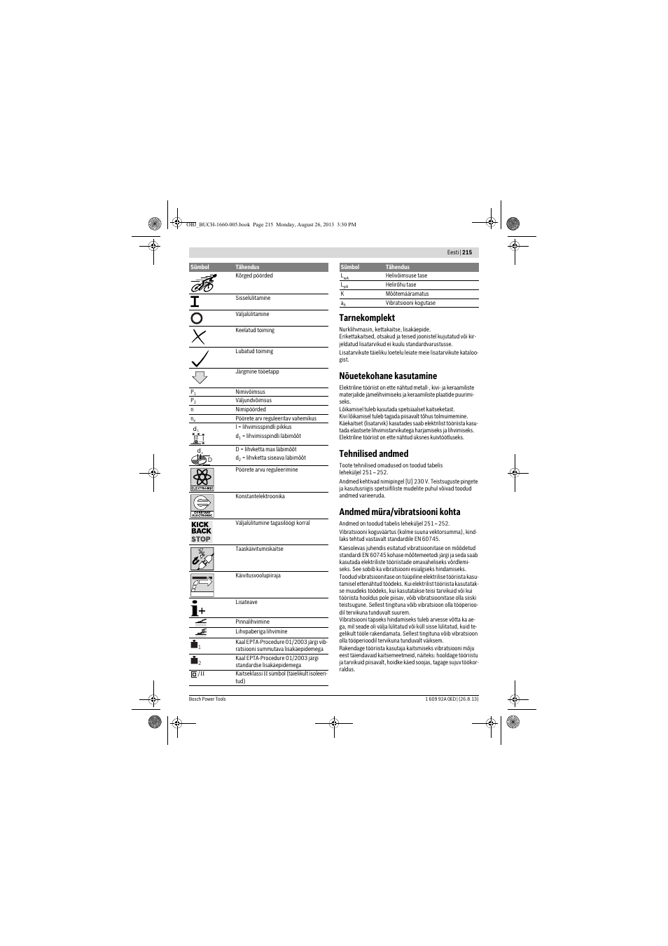 Tarnekomplekt, Nõuetekohane kasutamine, Tehnilised andmed | Andmed müra/vibratsiooni kohta | Bosch GWS 15-125 CIEP Professional User Manual | Page 215 / 271