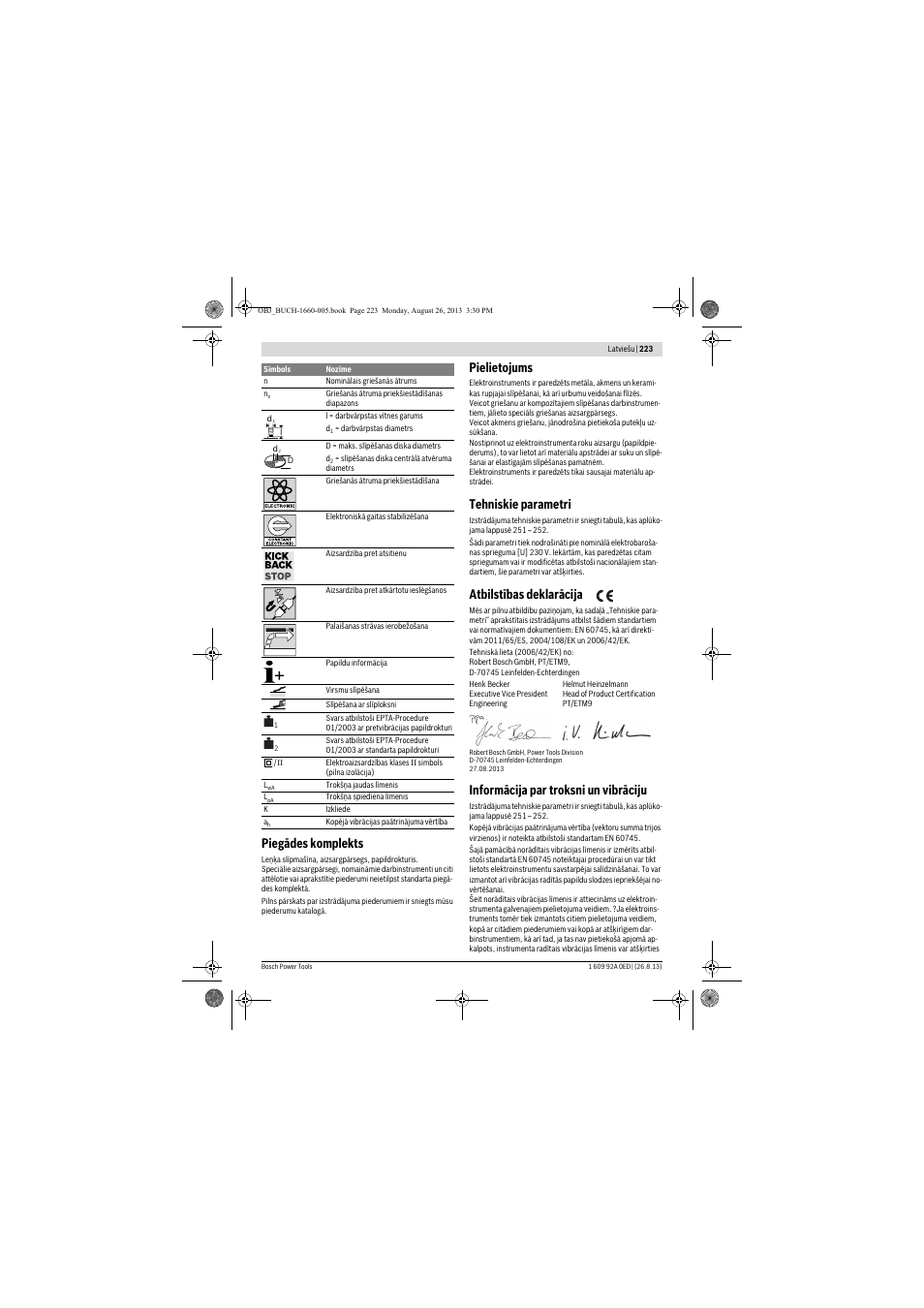 Piegādes komplekts, Pielietojums, Tehniskie parametri | Atbilstības deklarācija, Informācija par troksni un vibrāciju | Bosch GWS 15-125 CIEP Professional User Manual | Page 223 / 271