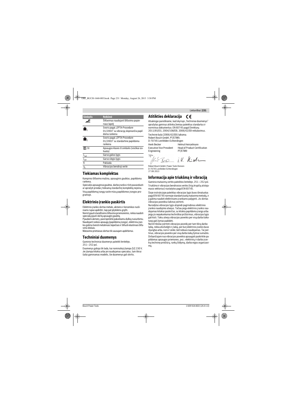 Tiekiamas komplektas, Elektrinio įrankio paskirtis, Techniniai duomenys | Atitikties deklaracija, Informacija apie triukšmą ir vibraciją | Bosch GWS 15-125 CIEP Professional User Manual | Page 231 / 271