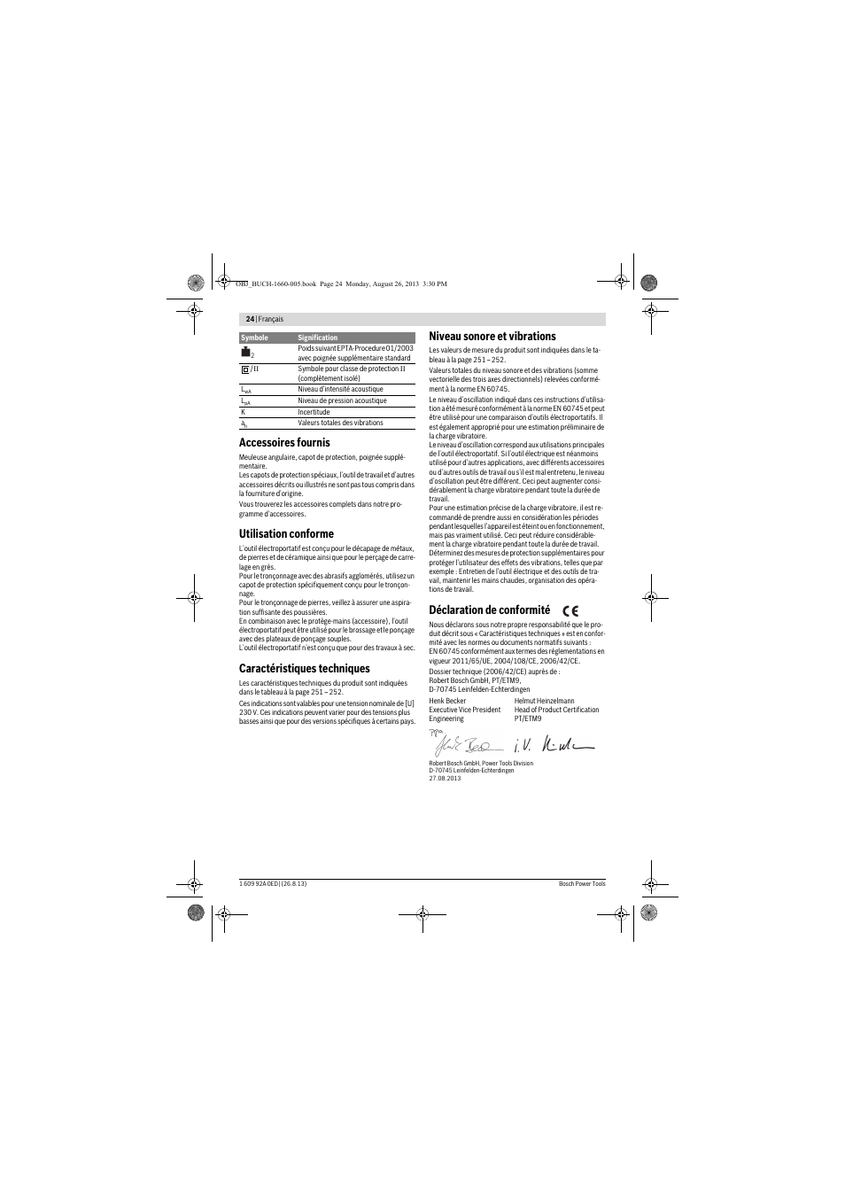 Accessoires fournis, Utilisation conforme, Caractéristiques techniques | Niveau sonore et vibrations, Déclaration de conformité | Bosch GWS 15-125 CIEP Professional User Manual | Page 24 / 271
