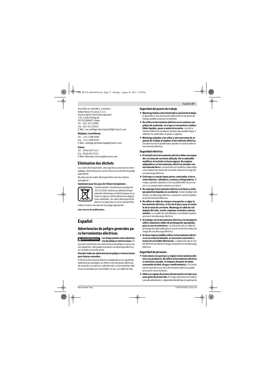 Español, Elimination des déchets | Bosch GWS 15-125 CIEP Professional User Manual | Page 27 / 271