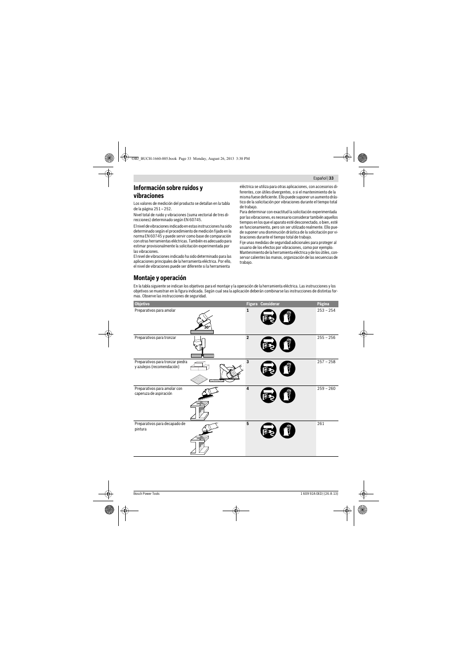 Información sobre ruidos y vibraciones, Montaje y operación | Bosch GWS 15-125 CIEP Professional User Manual | Page 33 / 271