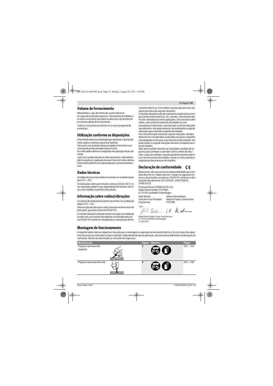Volume de fornecimento, Utilização conforme as disposições, Dados técnicos | Informação sobre ruídos/vibrações, Declaração de conformidade, Montagem de funcionamento | Bosch GWS 15-125 CIEP Professional User Manual | Page 41 / 271