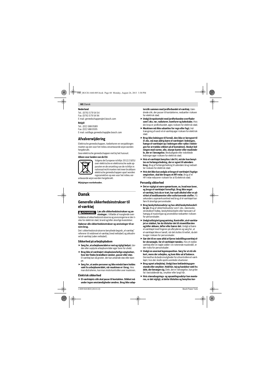 Dansk, Afvalverwijdering, Generelle sikkerhedsinstrukser til el-værktøj | Bosch GWS 15-125 CIEP Professional User Manual | Page 60 / 271
