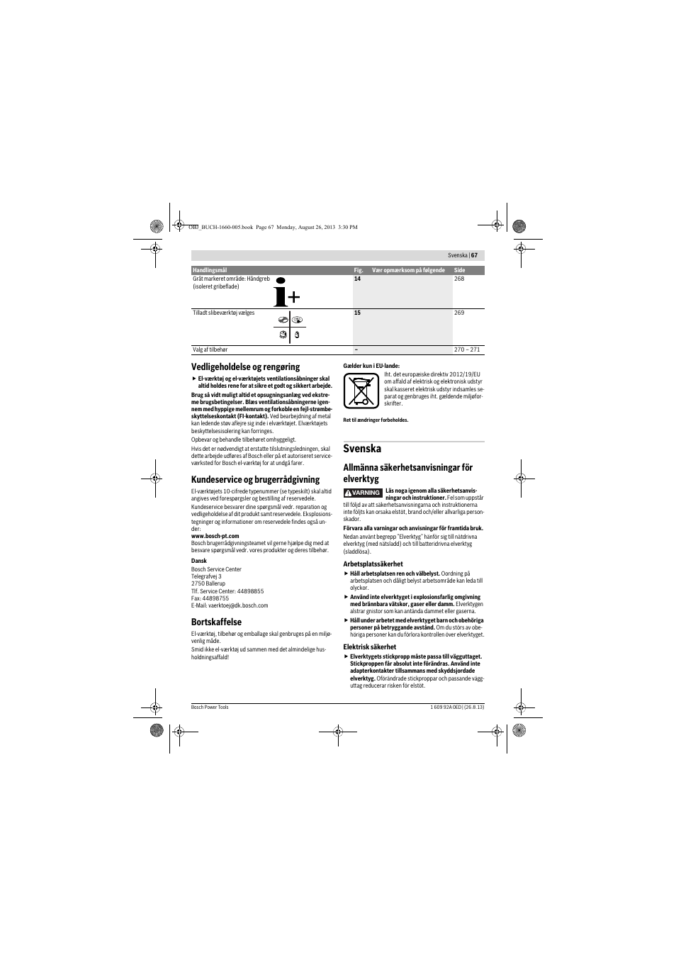 Svenska, Vedligeholdelse og rengøring, Kundeservice og brugerrådgivning | Bortskaffelse, Allmänna säkerhetsanvisningar för elverktyg | Bosch GWS 15-125 CIEP Professional User Manual | Page 67 / 271