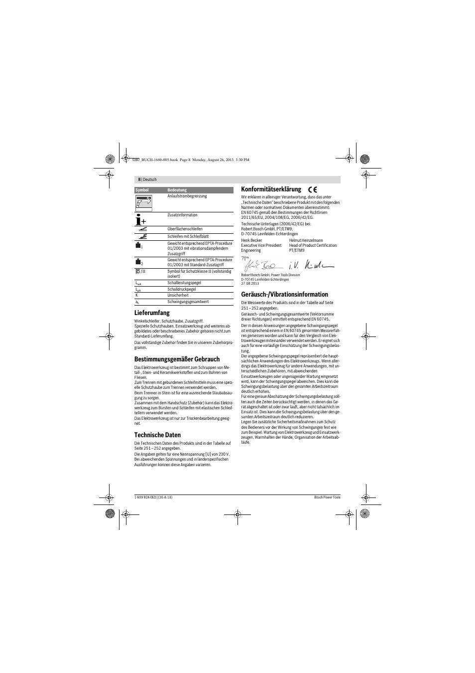Lieferumfang, Bestimmungsgemäßer gebrauch, Technische daten | Konformitätserklärung, Geräusch-/vibrationsinformation | Bosch GWS 15-125 CIEP Professional User Manual | Page 8 / 271