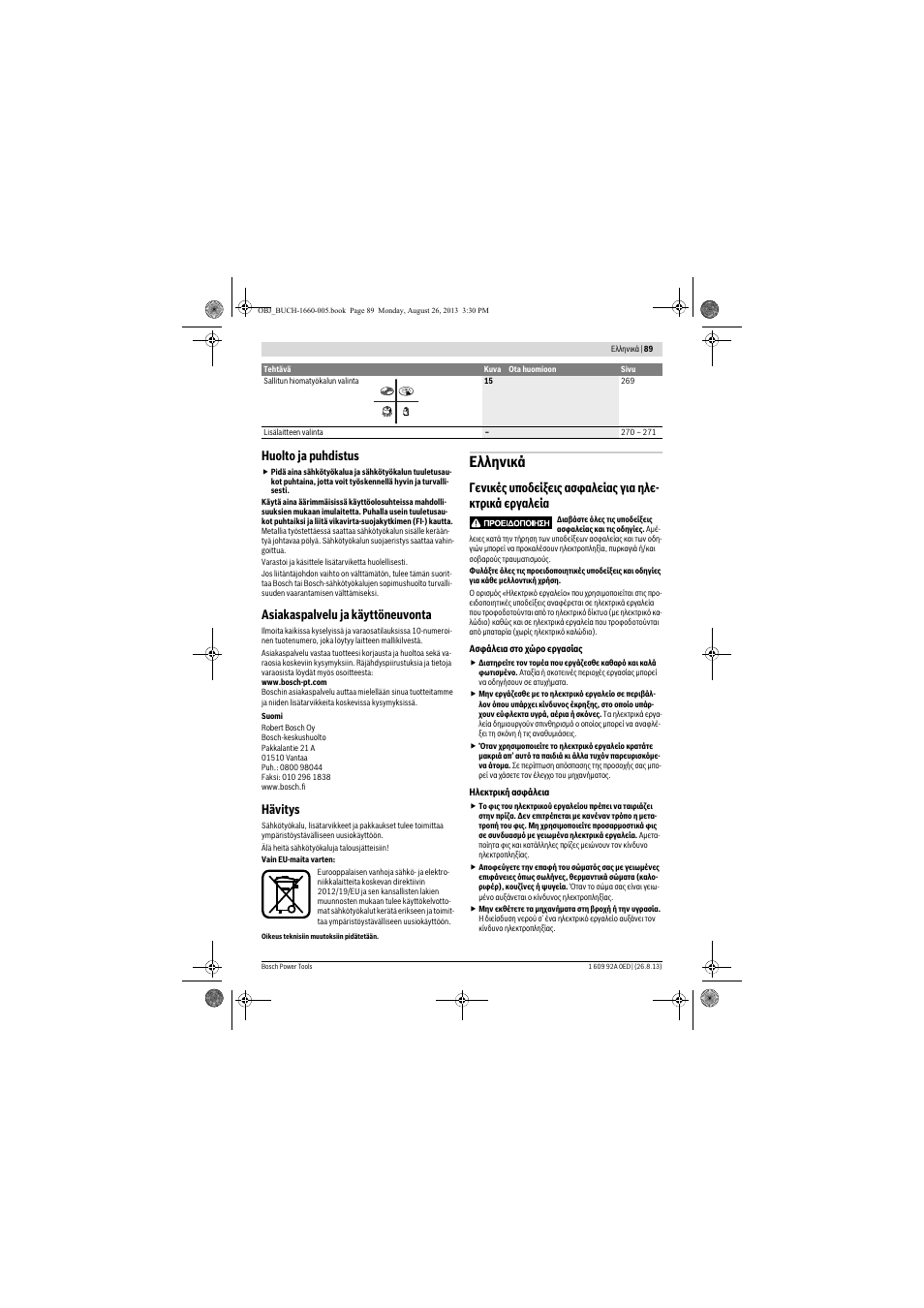 Ελληνικά, Huolto ja puhdistus, Asiakaspalvelu ja käyttöneuvonta | Hävitys | Bosch GWS 15-125 CIEP Professional User Manual | Page 89 / 271