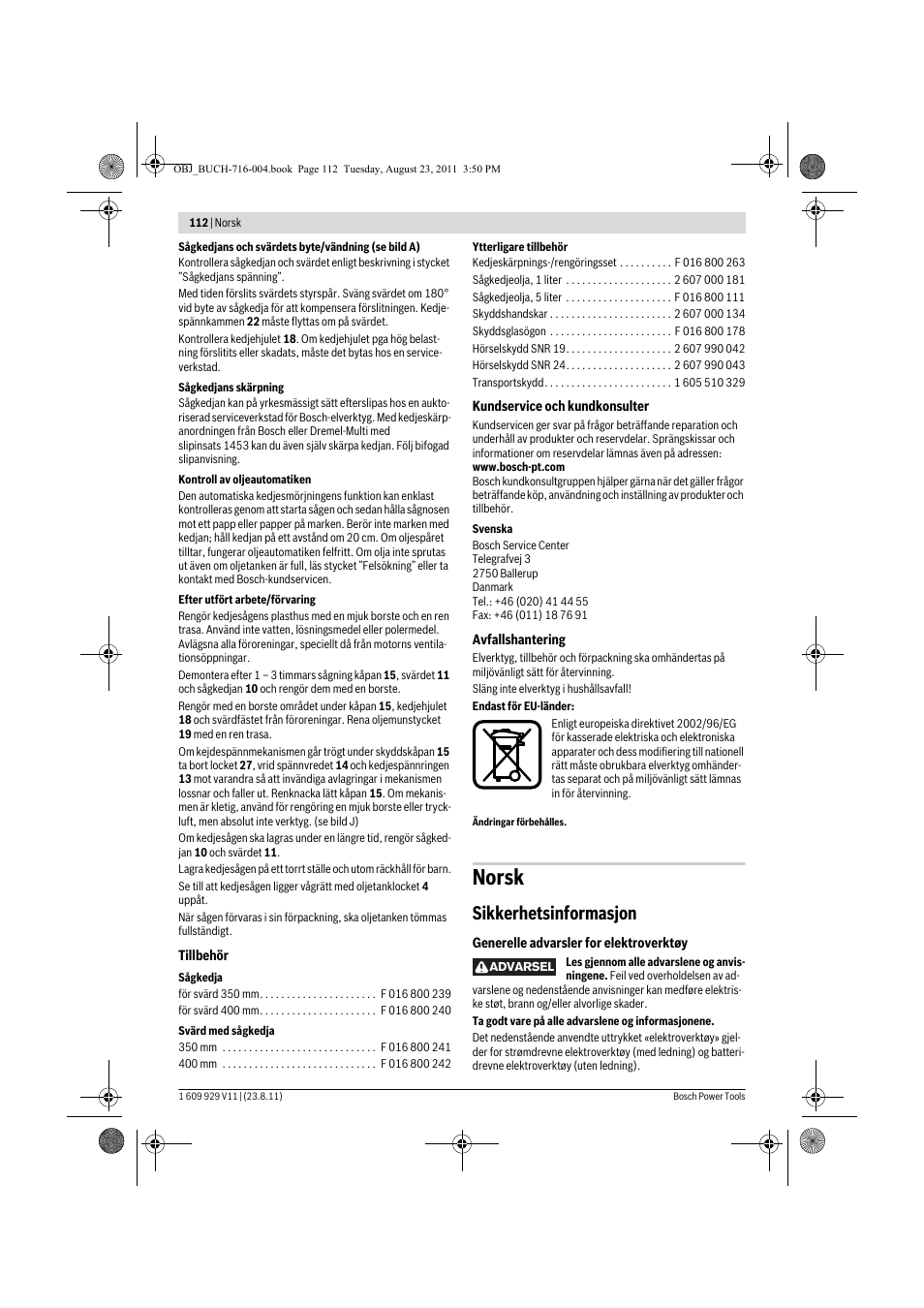 Norsk, Sikkerhetsinformasjon | Bosch GKE 35 BCE Professional User Manual | Page 112 / 320