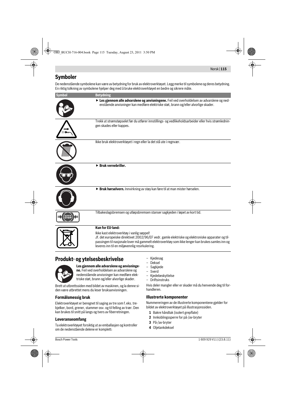 Symboler, Produkt- og ytelsesbeskrivelse | Bosch GKE 35 BCE Professional User Manual | Page 115 / 320