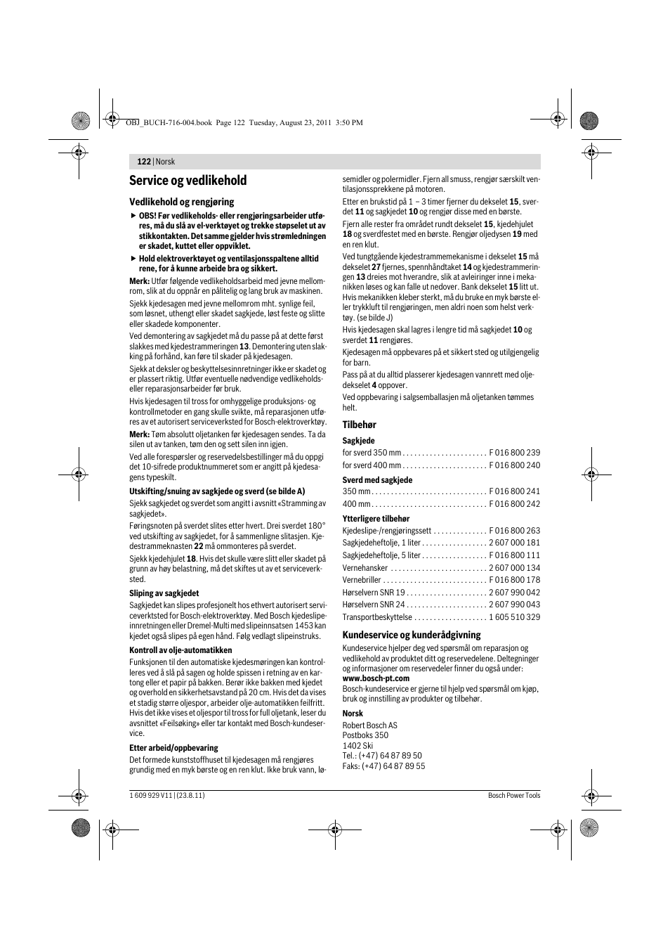 Service og vedlikehold | Bosch GKE 35 BCE Professional User Manual | Page 122 / 320