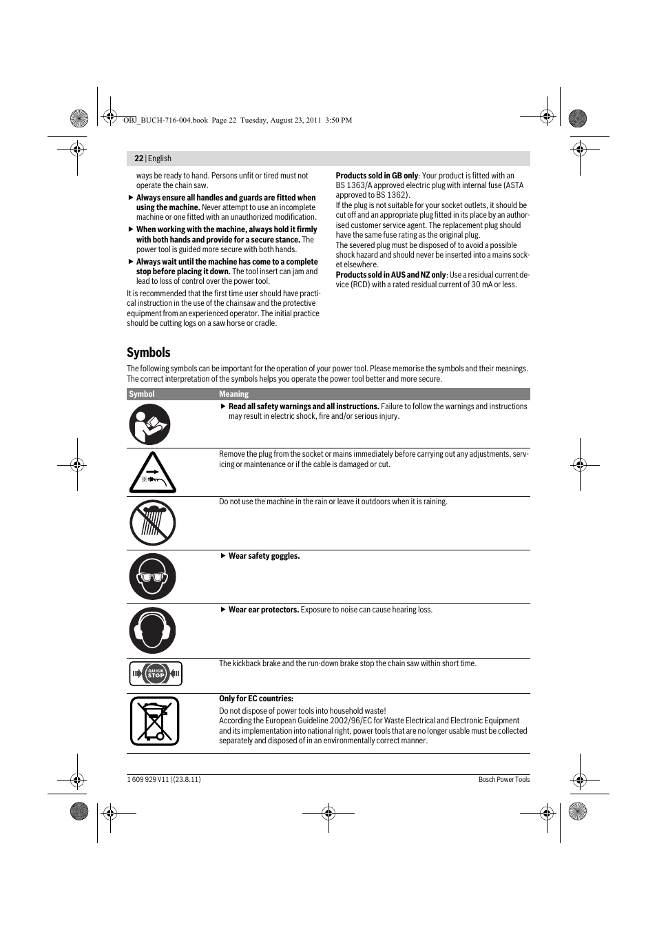 Symbols | Bosch GKE 35 BCE Professional User Manual | Page 22 / 320