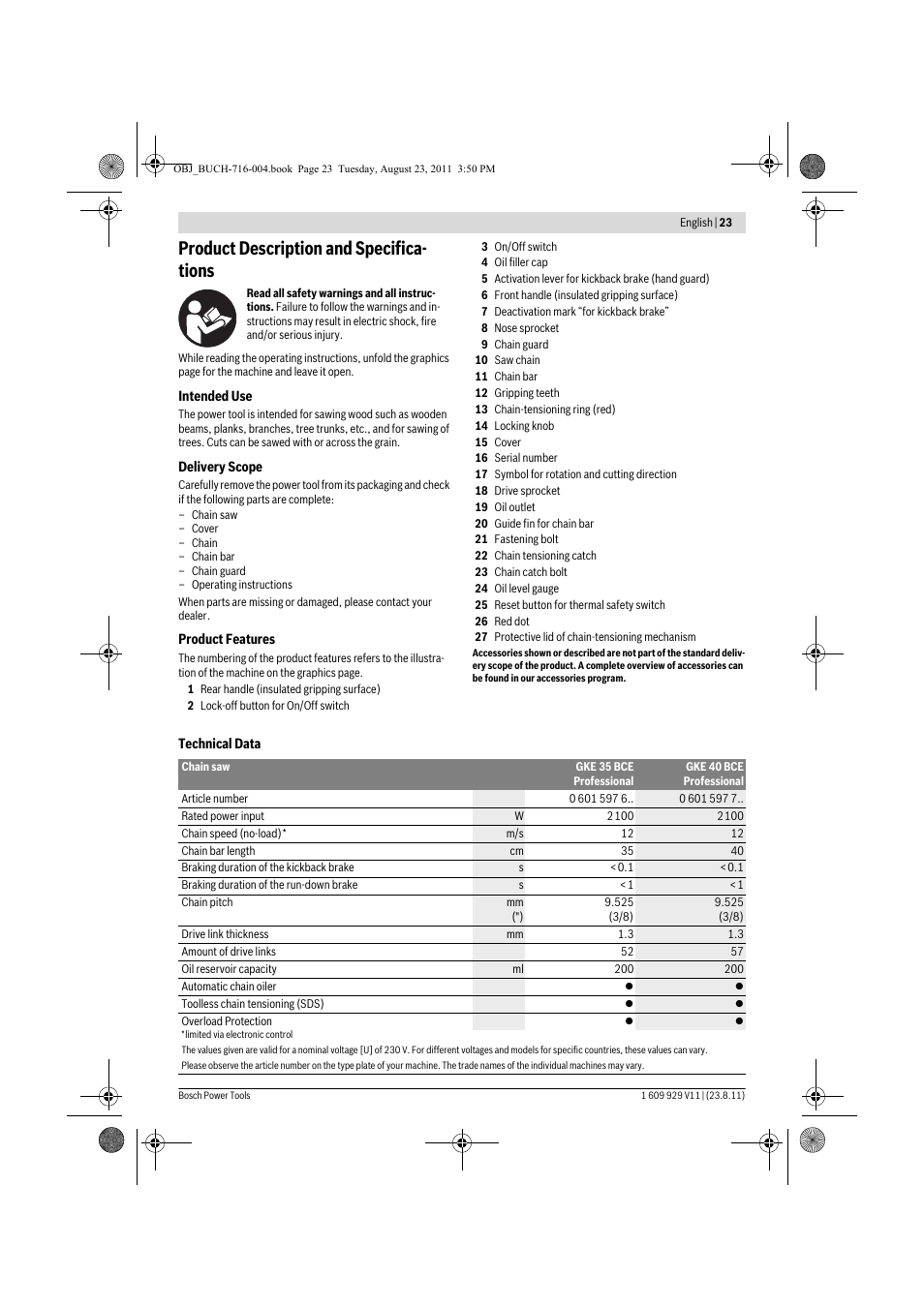 Product description and specifica- tions | Bosch GKE 35 BCE Professional User Manual | Page 23 / 320