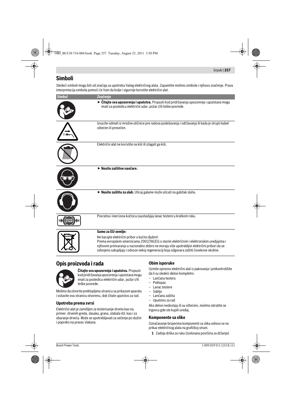 Simboli, Opis proizvoda i rada | Bosch GKE 35 BCE Professional User Manual | Page 257 / 320