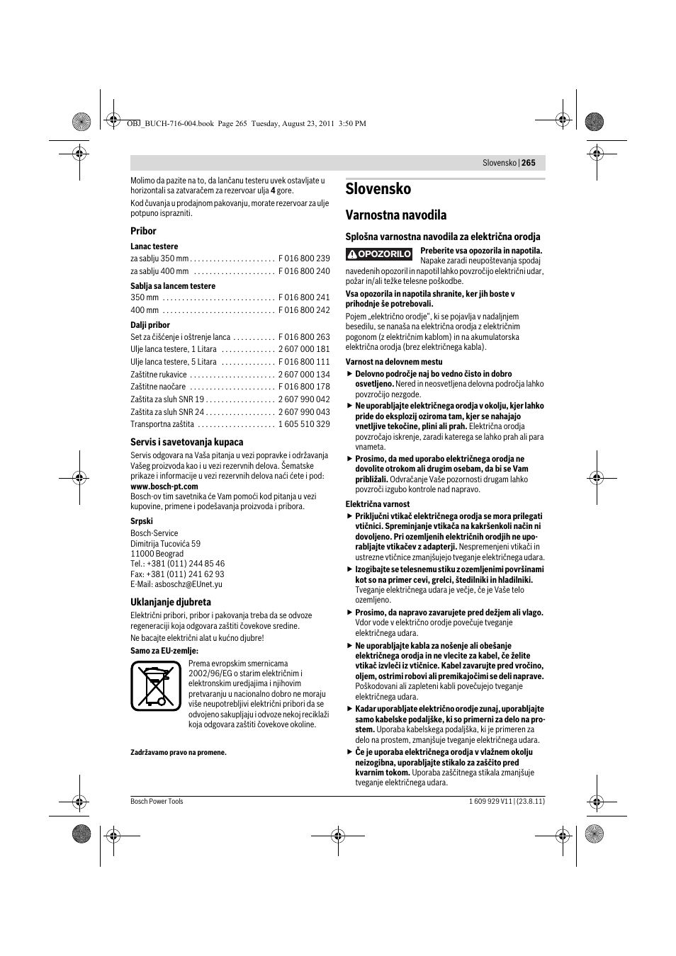 Slovensko, Varnostna navodila | Bosch GKE 35 BCE Professional User Manual | Page 265 / 320