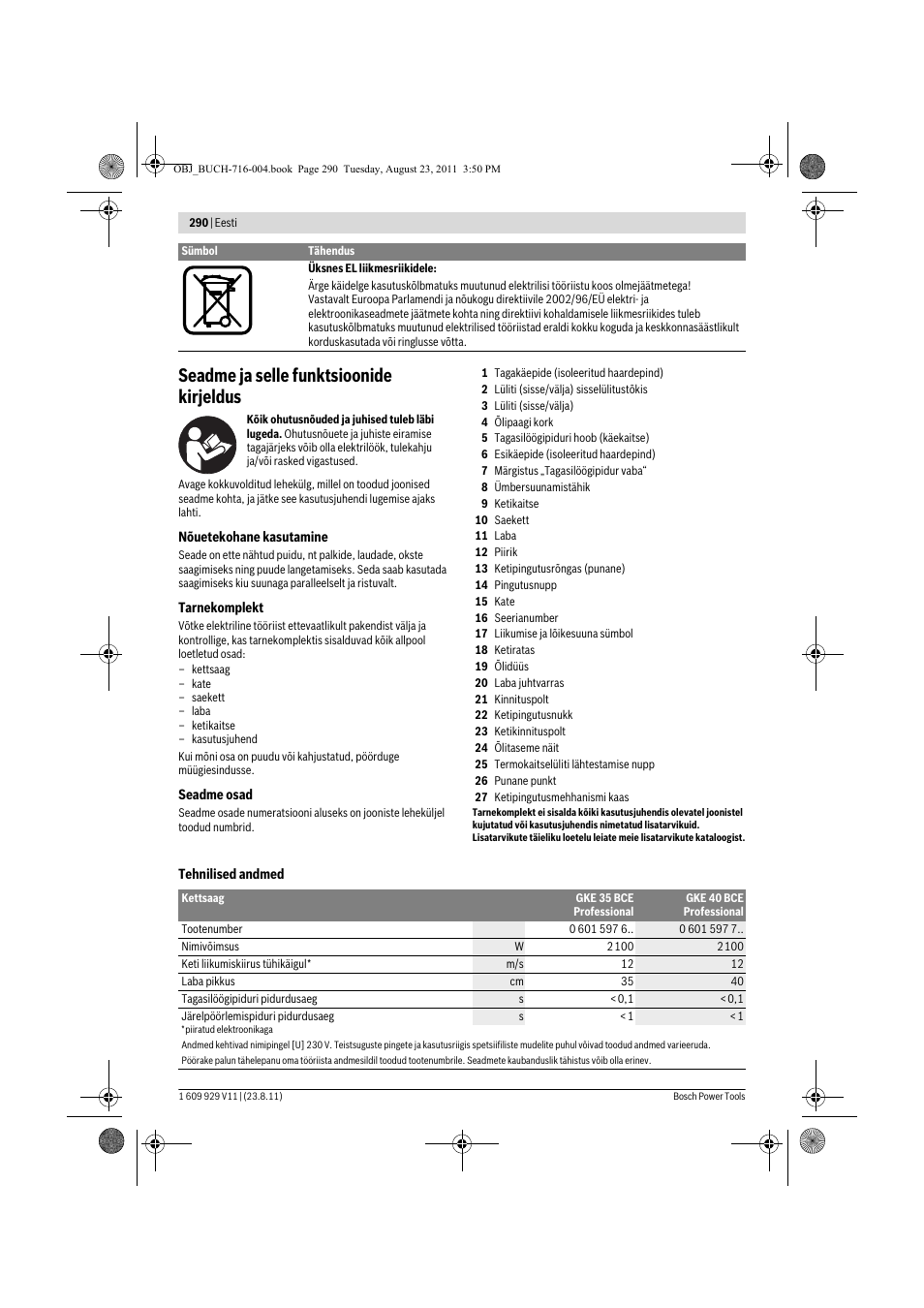 Seadme ja selle funktsioonide kirjeldus | Bosch GKE 35 BCE Professional User Manual | Page 290 / 320