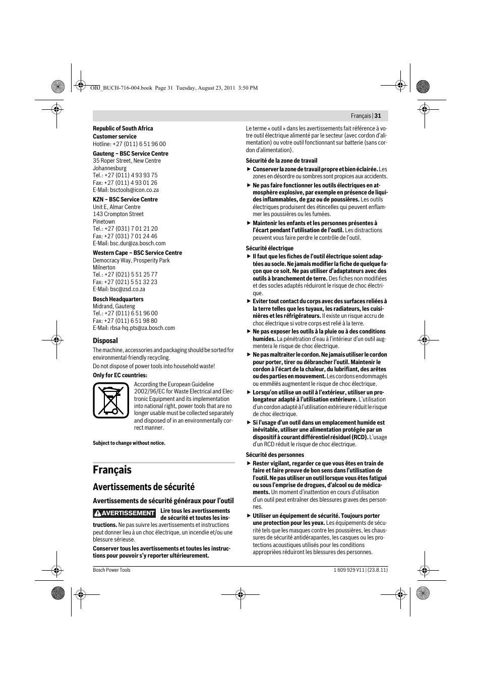 Français, Avertissements de sécurité | Bosch GKE 35 BCE Professional User Manual | Page 31 / 320
