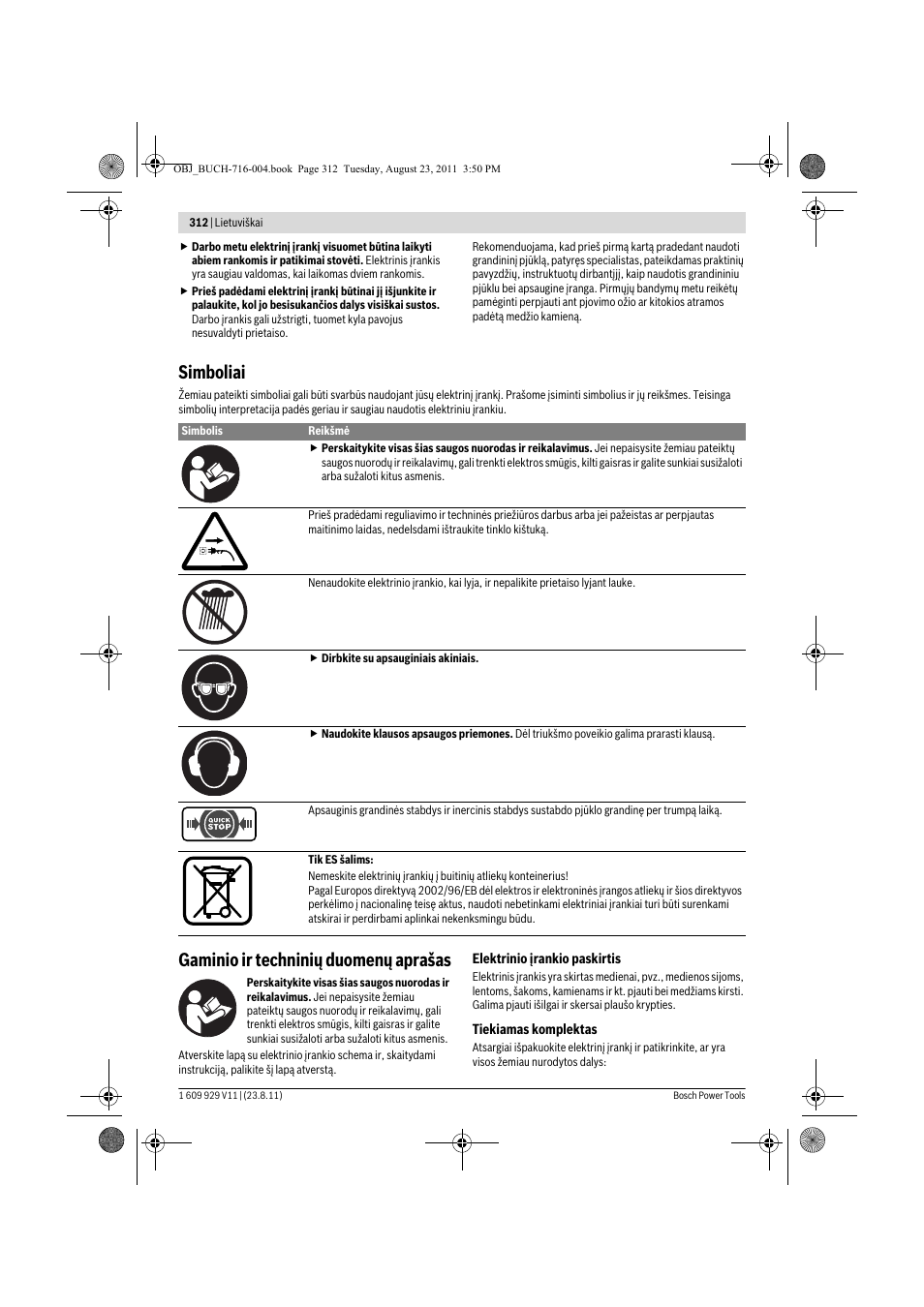Simboliai, Gaminio ir techninių duomenų aprašas | Bosch GKE 35 BCE Professional User Manual | Page 312 / 320
