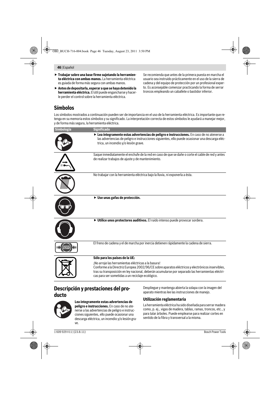 Símbolos, Descripción y prestaciones del pro- ducto | Bosch GKE 35 BCE Professional User Manual | Page 46 / 320