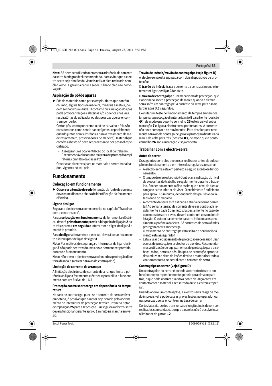 Funcionamento | Bosch GKE 35 BCE Professional User Manual | Page 63 / 320