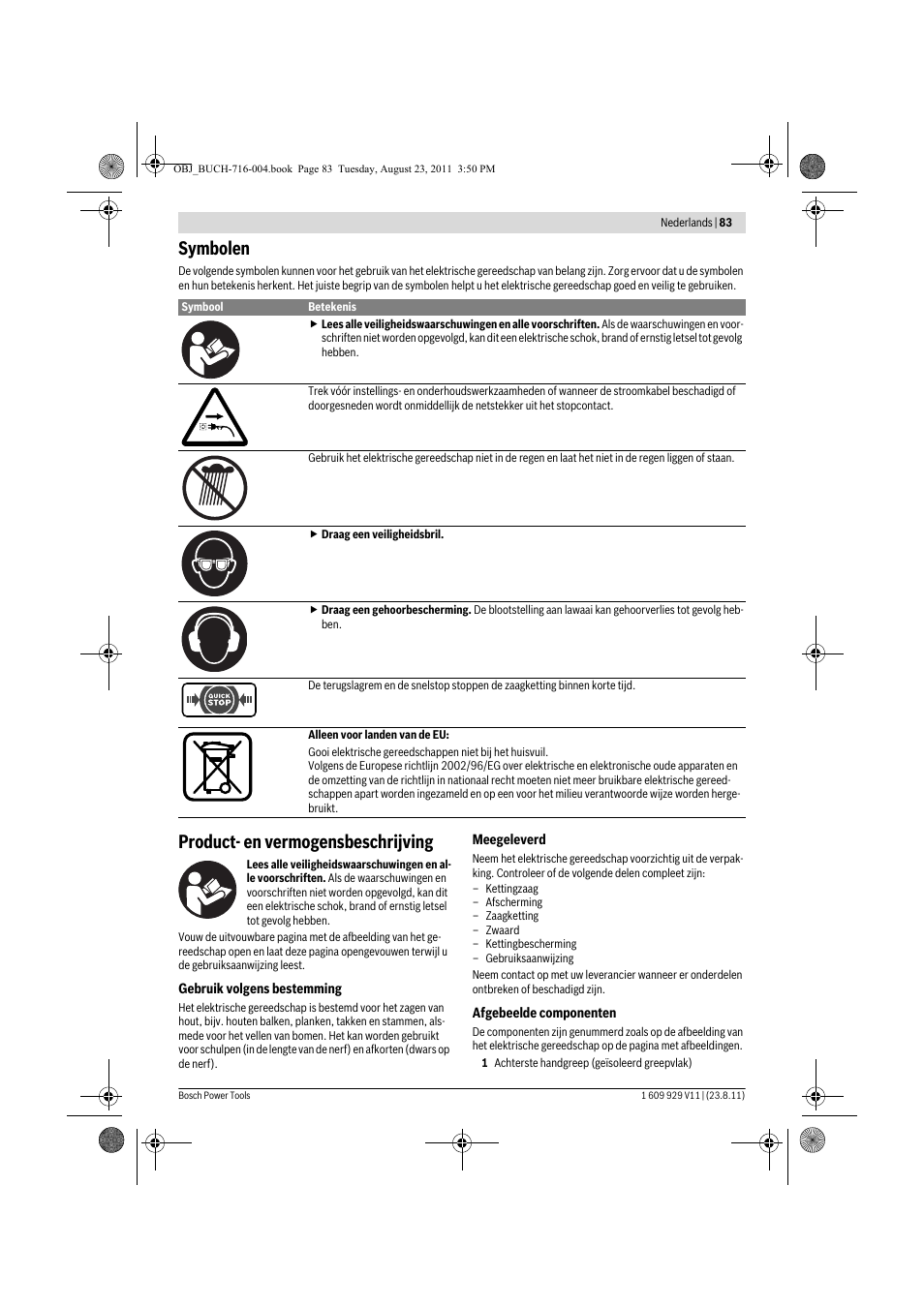 Symbolen, Product- en vermogensbeschrijving | Bosch GKE 35 BCE Professional User Manual | Page 83 / 320