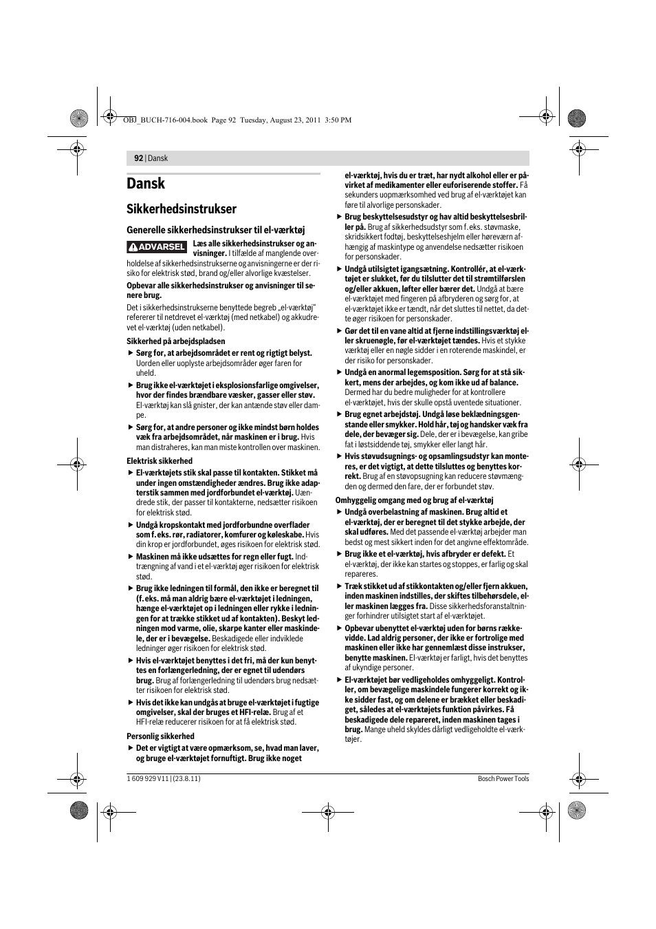 Dansk, Sikkerhedsinstrukser | Bosch GKE 35 BCE Professional User Manual | Page 92 / 320