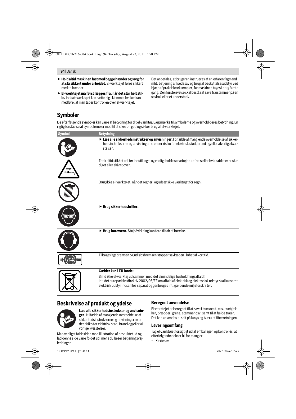 Symboler, Beskrivelse af produkt og ydelse | Bosch GKE 35 BCE Professional User Manual | Page 94 / 320