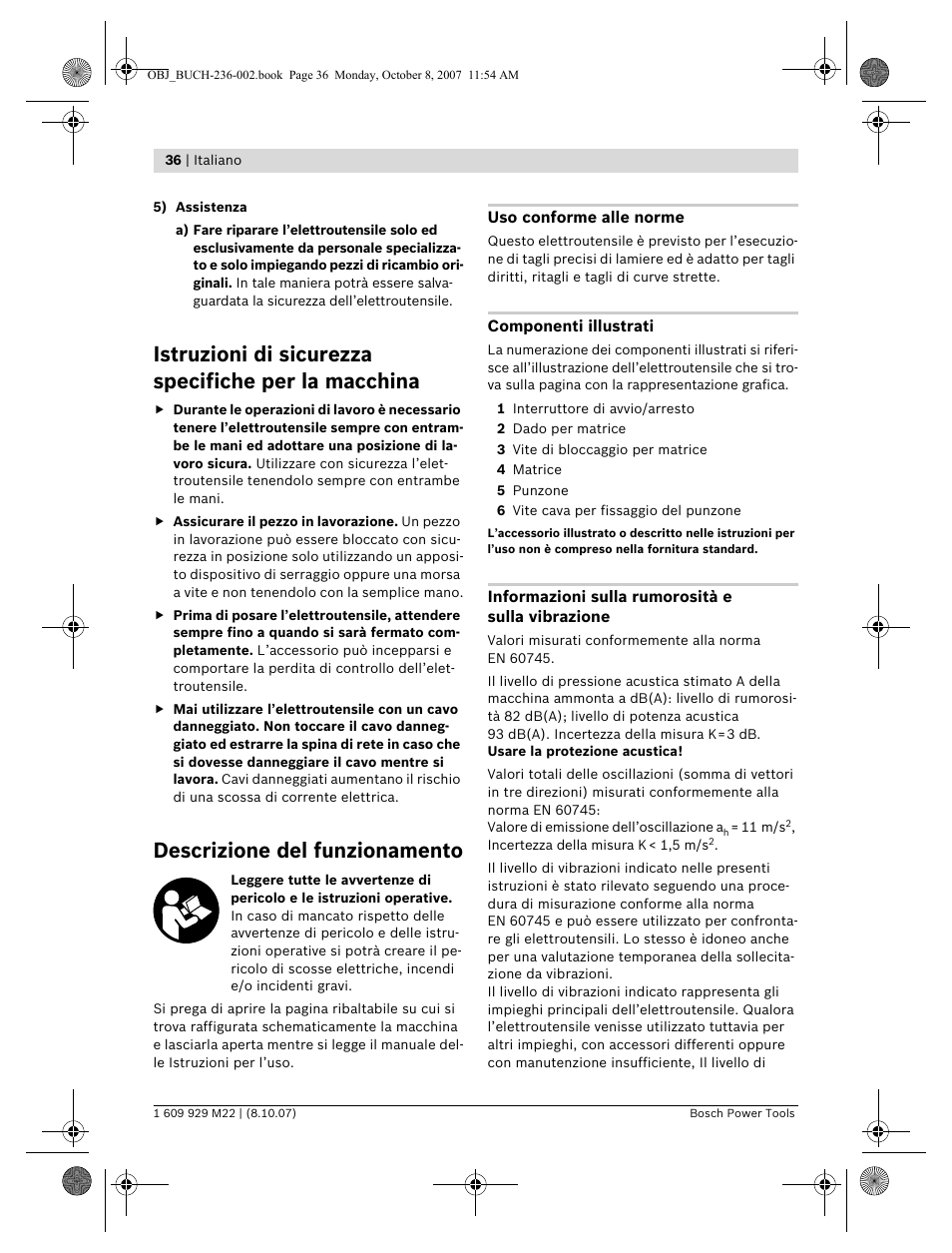 Istruzioni di sicurezza specifiche per la macchina, Descrizione del funzionamento | Bosch GNA 2,0 Professional User Manual | Page 36 / 159
