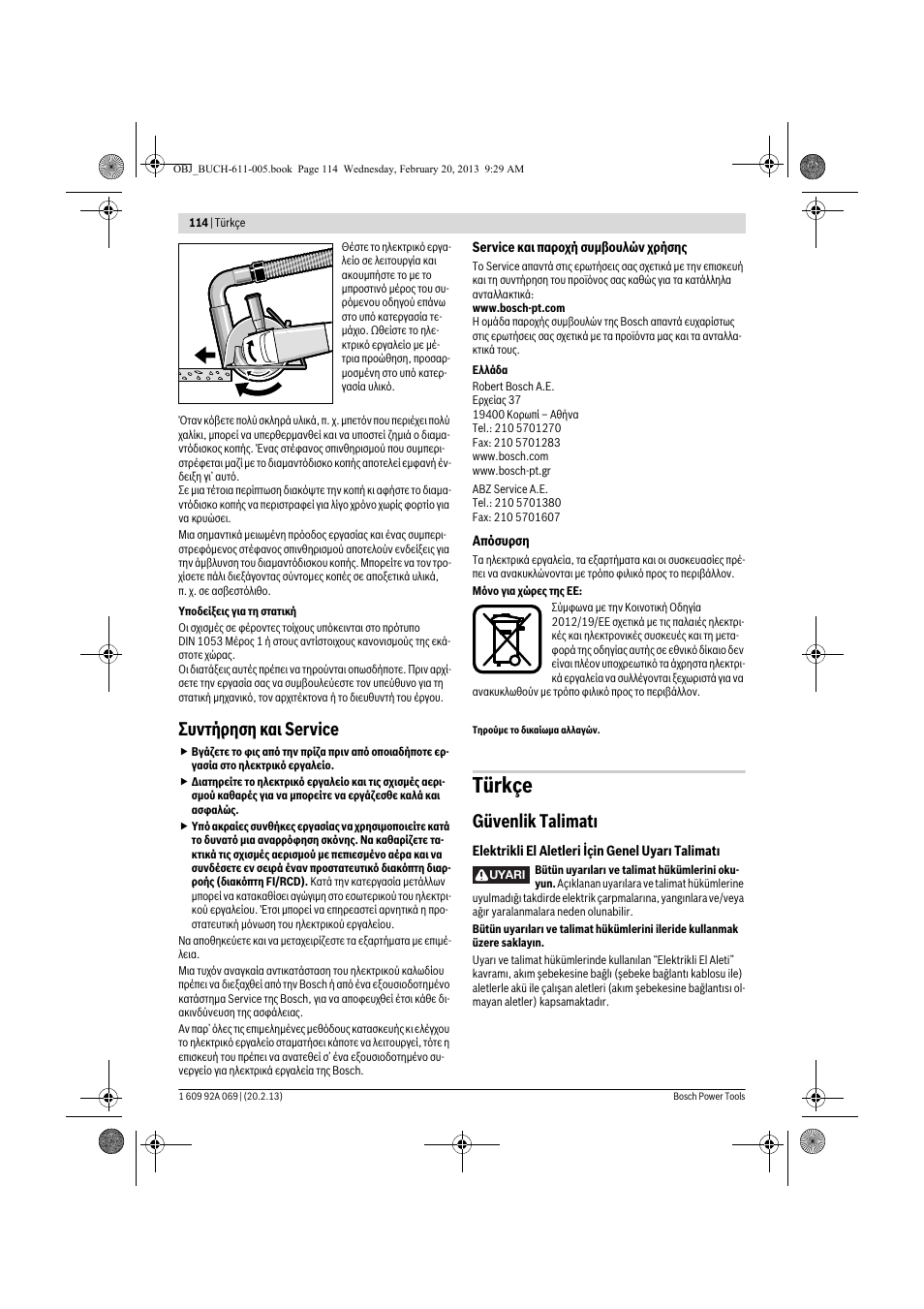 Türkçe, Συντήρηση και service, Güvenlik talimatı | Bosch GWS 14-125 Inox Professional User Manual | Page 113 / 270